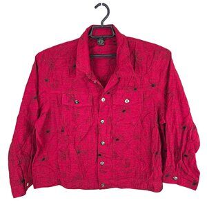 Womens Silkland Red & Black Button Up Shirt Embroidered Floral Silk Blend 2X